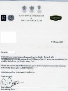 Letter from Rolls Royce Motor Cars